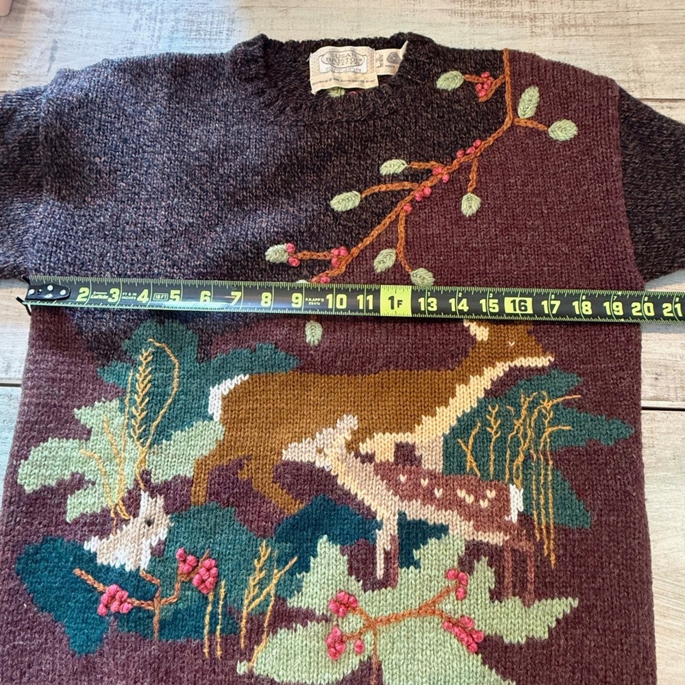 Vintage 1988 Susan Bristol Shetland Wool Deer Rabbit Forest Scene Sweater Size M - Picture 11 of 12